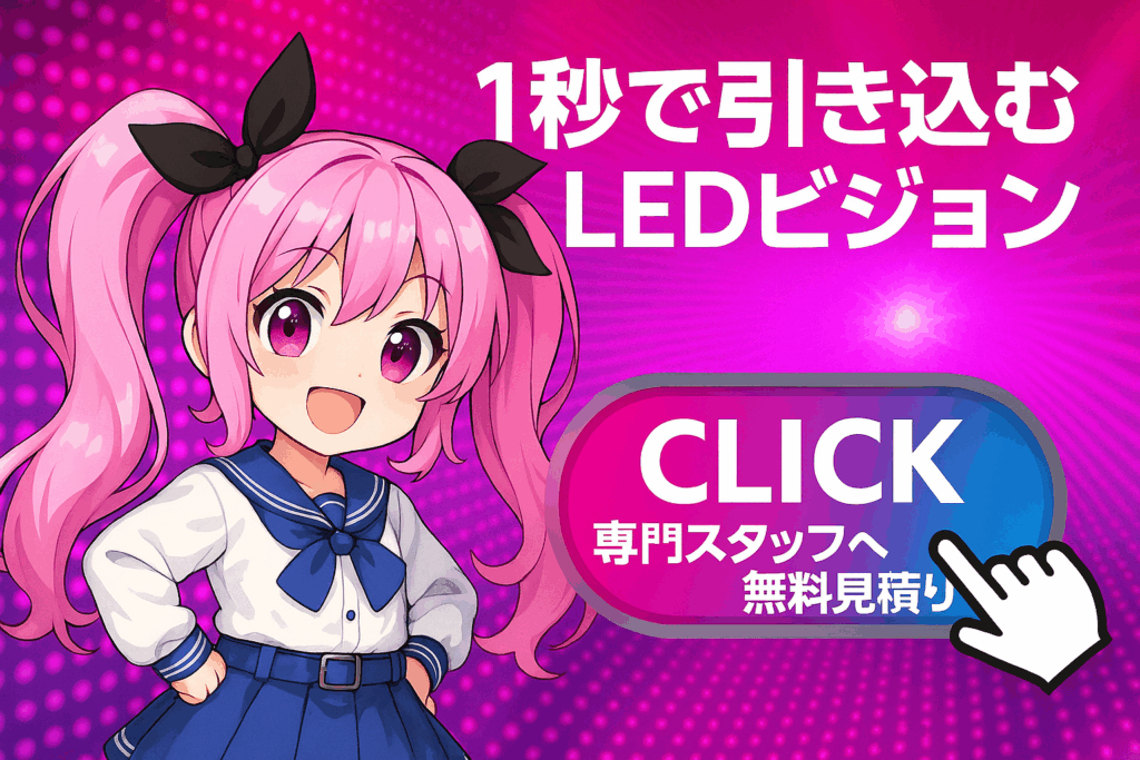 ピンクのグラデーション背景に、LEDビジョンの魅力を伝える笑顔の男の子と『1秒で引き込むLEDビジョン』という文字とクリックボタンが配置されたクリックボタン