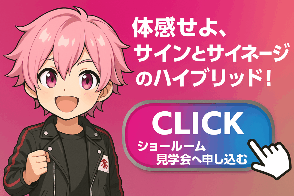 LEDサイネージの魅力を伝えるピンク髪の男の子と『体感せよ、サインとサイネージのハイブリッド!』という文字とショールーム見学会申し込みボタン