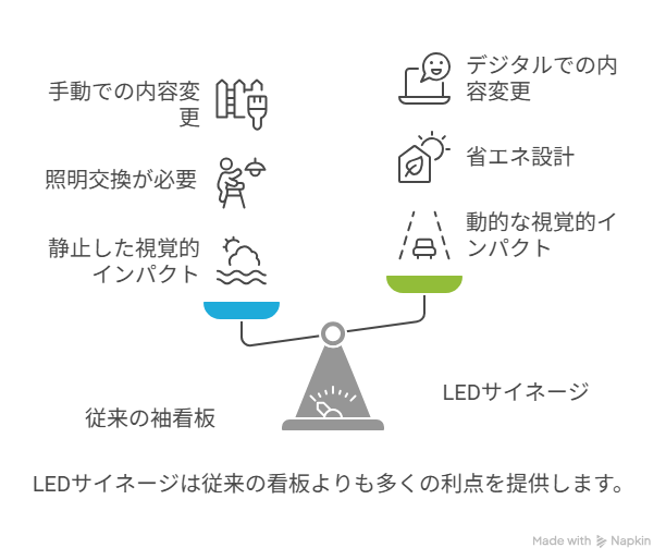 LEDサイネージと到来の袖看板お違いを図解