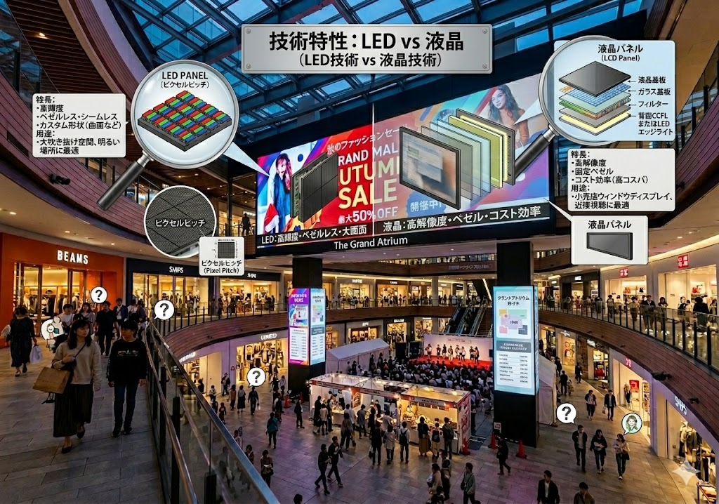 商業施設におけるLEDビジョンの技術的な特徴と液晶ディスプレイ