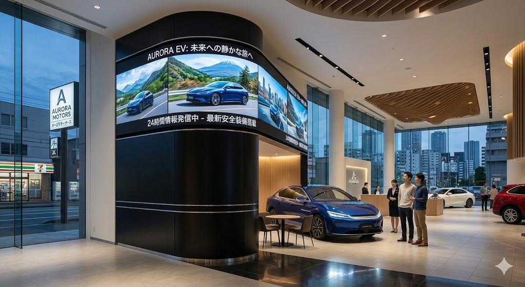 ショールームの曲線美に馴染む半円型曲面サイネージで先進的な空間を作る