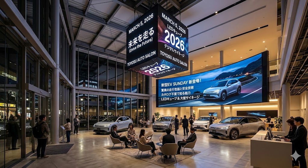 ショールームの広い空間を活かした大型デジタルサイネージで店舗の存在感を高める