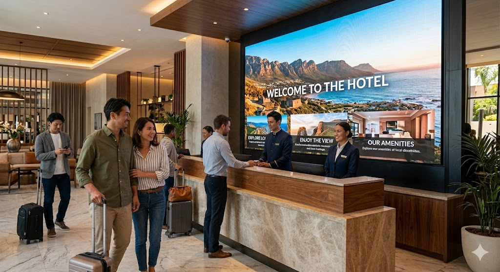 ホテルのフロントに、大画面のLEDビジョン映像を導入する魅力