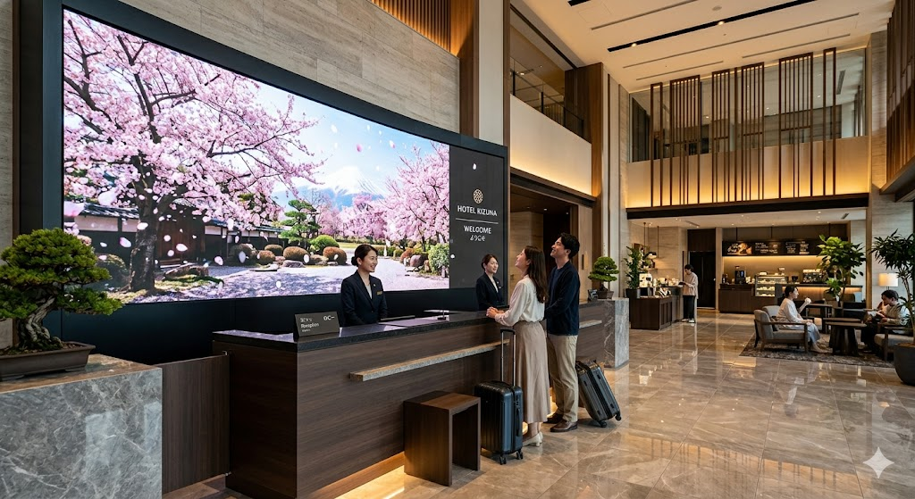 ホテルデザインの形に合わせて自由に設置できるディスプレイ