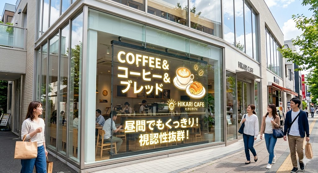 昼間の明るい時間帯でも通行人の視線を惹きつける高い視認性