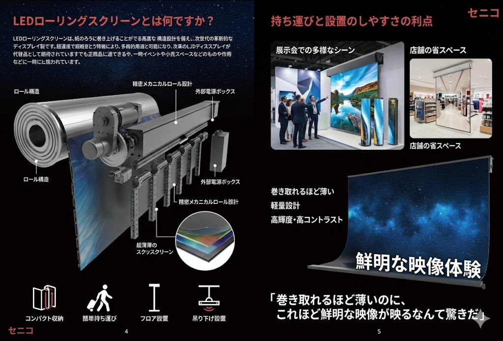 持ち運びと設置のしやすさを突き詰めた巻取り式のLEDサイネージ