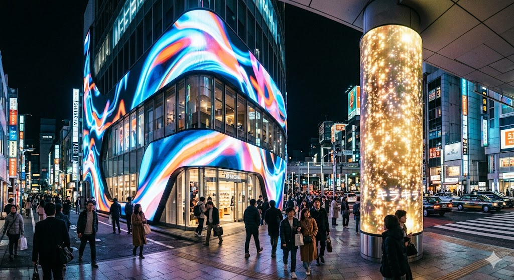 建物の形に合わせて異形型LEDサイネージで自由な姿で街に溶け込む演出の広がり
