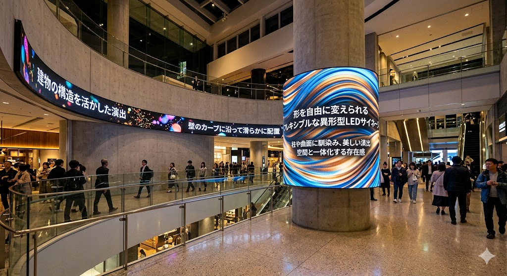 柱や曲面の壁など既存の建物に、異形型LEDサイネージでインパクトのある演出ができる