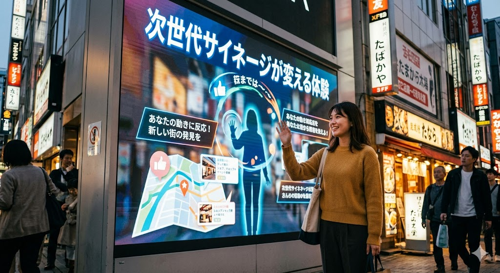 「見る」だけのものから、体験型の次世代サイネージへの進化 「ただ流れている広告を眺めるのと違って、自分の動きに反応してくれると、なんだかワクワクしてつい足を止めてしまいますね。」 私たちは街を歩いていると、数えきれないほどの看板やディスプレイを目にします。これまでのサイネージは、決められた映像や情報を一方的に流し続けるものが主流でした。しかし、技術が進んだことで、その在り方が大きく変わり始めています。単に「見る」だけのものから、自分自身が関わることで何かが起きる、体験型の次世代サイネージへの進化です。 こうした変化の背景には、人工知能を活用したカメラや、現実の世界にデジタル情報を重ね合わせる技術の向上があります。画面に触れるタッチ操作だけでなく、手の動きを読み取るジェスチャー認識によって、私たちは自分の意思でサイネージを動かせるようになりました。 空間そのものを情報に変えて没入させる次世代サイネージ 「ただ歩いているだけの場所が、素敵な風景に包まれると気分転換になります。買い物の途中で、ふっと癒やされるような空間があるのは嬉しいですね。」 これからの看板は、平らな画面の中だけに留まりません。壁一面や天井、さらには床までを連動させた立体的な演出が可能になっています。高精細なLEDパネルやプロジェクションマッピングを組み合わせることで、その空間に入り込んだかのような没入感を味わえるのが、次世代サイネージの魅力です。 例えば、地下街や商業施設の通路が、歩くスピードに合わせて風景が変わる並木道に変わったり、季節に合わせて花びらが舞ったりする演出です。これは単なる装飾ではなく、訪れる人の心理に寄り添った空間づくりといえます。情報の伝え方が、文字や画像から「その場の空気感」へと広がっていると感じます。 視線や動きに合わせて映像が変化する次世代サイネージ 「画面の前に立つだけで、自分にぴったりの服を合わせた姿が見られるなんて。実際に着替える手間が省けて、買い物がもっと楽しくなりそうです。」 これからの次世代サイネージは、そこに誰がいるのかを瞬時に判断できるようになります。カメラが搭載されたディスプレイは、前に立った人の年代や性別、さらには表情までを読み取ることが可能です。その場の状況に合わせて、その人が求めている情報を届ける仕組みが整ってきました。 例えば、手に持っている商品に合わせた説明が表示されたり、自分が着てみたい服の仮想試着ができたりする仕組みです。これらは「拡張現実」と呼ばれる技術によって、現実の自分にデジタルの情報を重ねることで実現しています。受け身で眺めるだけの時間は、自分から働きかける楽しさに変わりました。 スマートフォンと連携して体験を持ち帰る次世代サイネージ 「自分で作ったオリジナルの画像をスマホで見返すと、その時の楽しさが蘇ります。友達にも教えたくなるような、特別な体験ができるのは素敵です。」 体験型の次世代サイネージの大きな特徴は、その場限りの出来事で終わらせない点にあります。自分の操作でカスタマイズした画像や、ARで撮影した記念写真を、自分のスマートフォンに転送して持ち帰ることができます。これにより、看板の前での体験が思い出として残り、後からSNSで共有されることでさらに広がっていきます。 デジタル技術は、看板の役割を「情報の表示」から「体験の共有」へと進化させました。自分が参加したという満足感は、一方的に情報を与えられるよりもずっと深く心に残ります。これからの街づくりにおいて、サイネージは人と場所をつなぐ、温かみのある接点としての価値を高めていくことになるでしょう。 非接触操作で公共スペースの安心を支える次世代サイネージ 「画面に触らずにページが切り替わるのは、不思議で面白い。これなら公共の場所でも安心して操作できるし、子供も喜びそうですね。」 最近では、画面に直接触れなくても操作できる次世代サイネージも注目を集めています。空中で手を動かすだけでメニューを選んだり、視線を動かすだけでページをめくったりできるジェスチャー認識です。これにより、不特定多数の人が利用する場所でも、衛生面を気にすることなく快適に情報を得ることができるようになりました。 公共施設や駅の案内板、飲食店での注文システムなど、導入される場所は多岐にわたります。こうした技術は、単に便利であるだけでなく、操作そのものが新しい驚きを伴う体験になります。ただの案内板だったものが、触れずに動かせることで、まるで未来の道具を使っているような感覚も楽しめます。