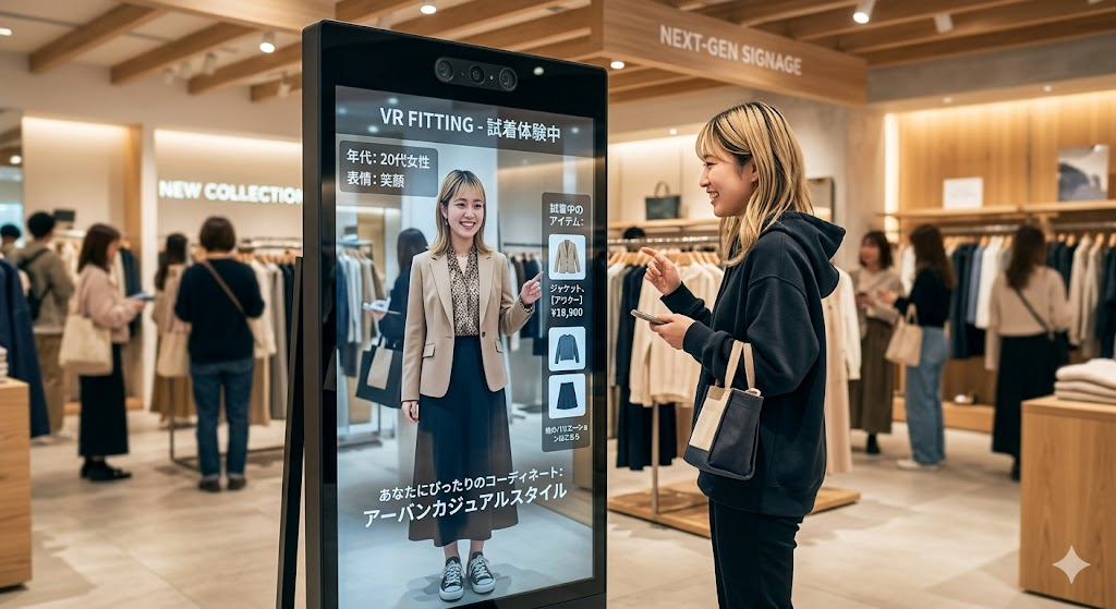 視線や動きに合わせて映像が変化する次世代サイネージ