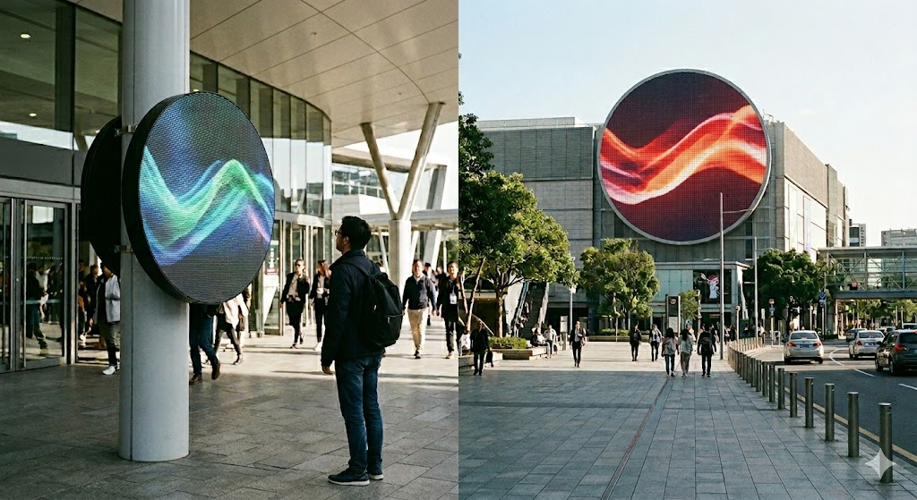 離れた場所からも映像が綺麗に見える円形LEDビジョン、ピッチの選び方と屋外での視認距離