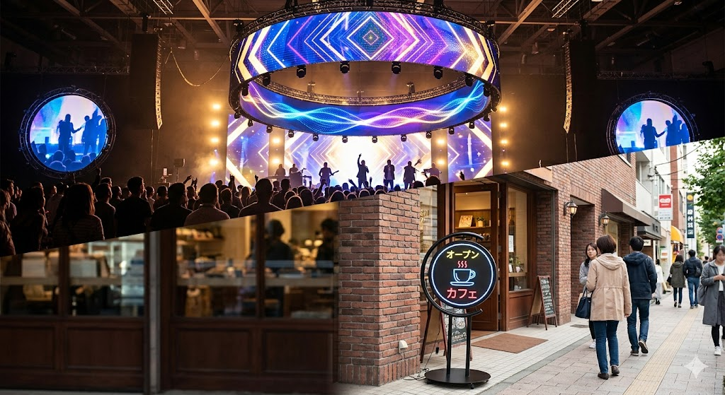 イベント会場を華やかに彩る円形LEDビジョンと店舗で活躍する看板