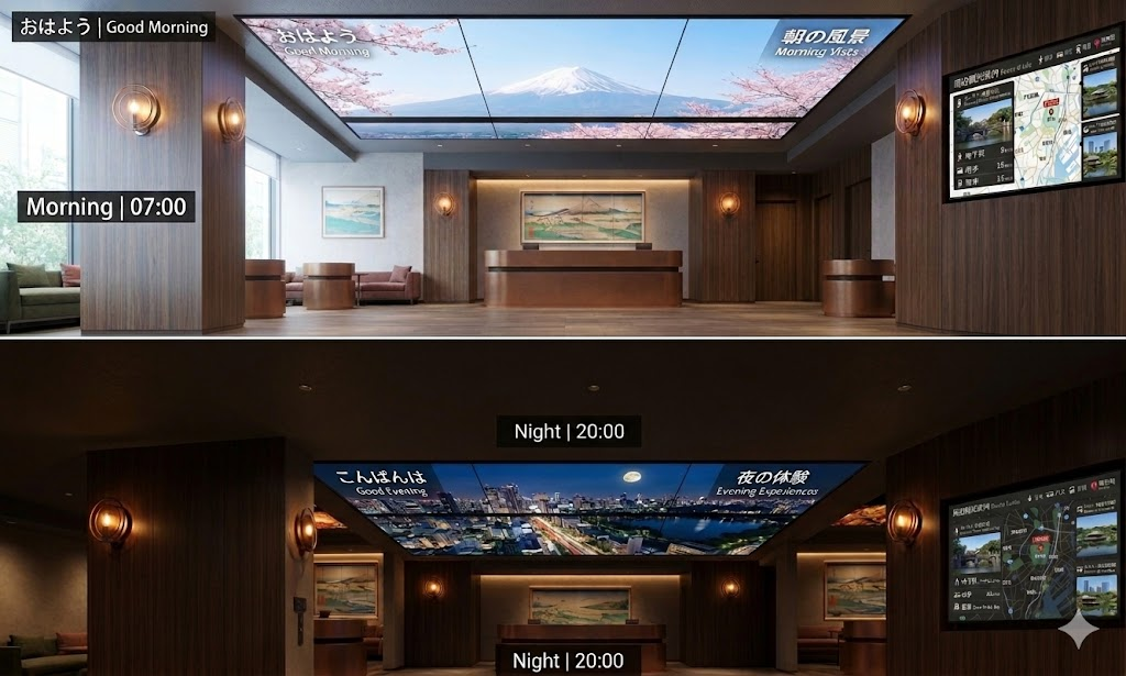 ホテルのデジタルサイネージ時間帯に合わせてホテルの表情を豊かに彩り続ける仕組み作り