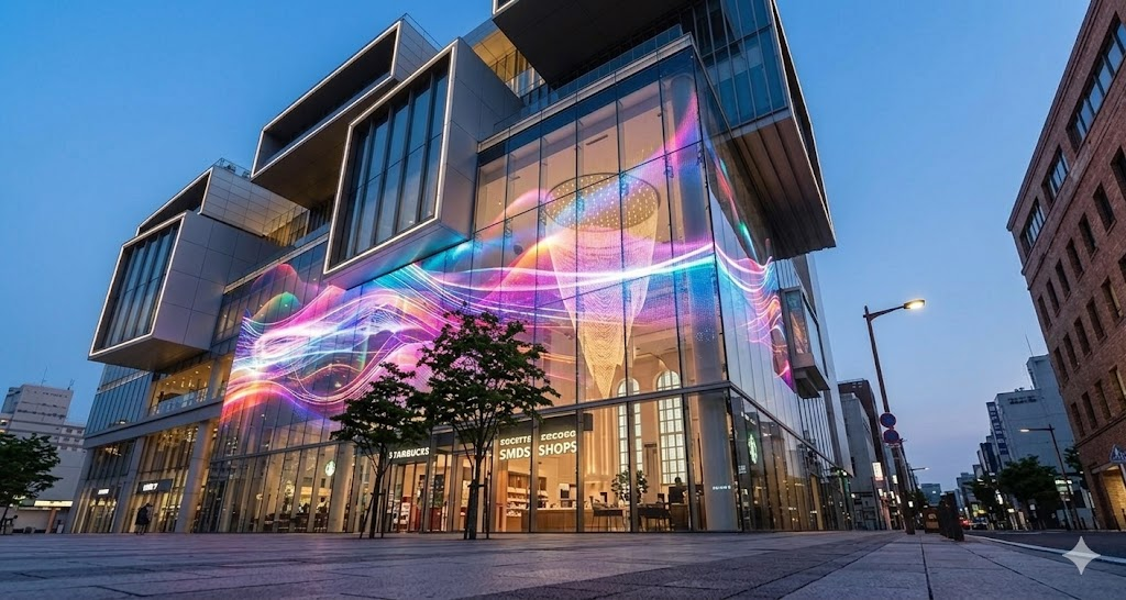 LEDサイネージシートで飲食店の集客やビル-ガラスの透明感を残したままお店の魅力を通行人に伝える