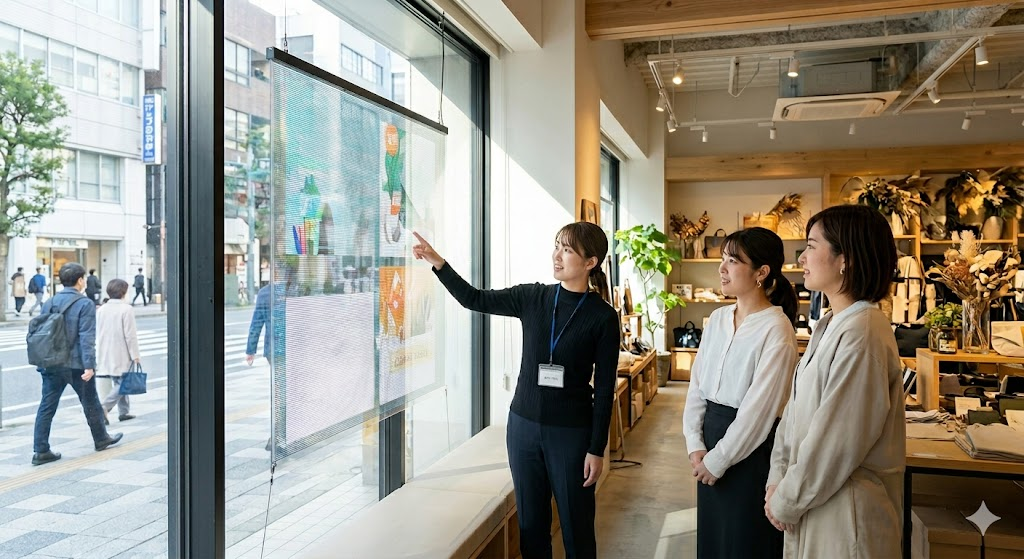 シート型ディスプレイが店舗エントランスの雰囲気を大きく変える